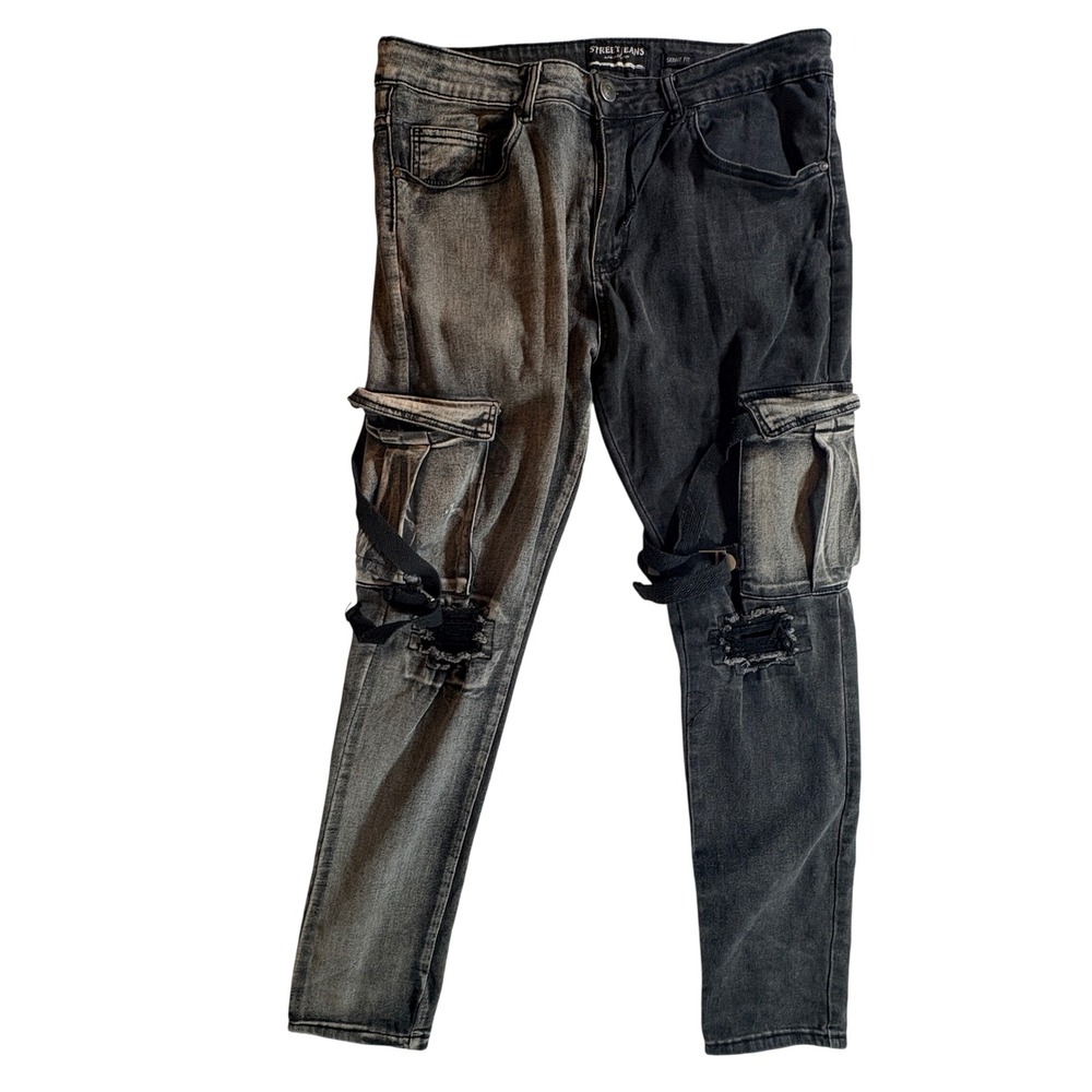 Street Jeans Cargo Pants Mens 34x32 Two Tone Split Leg Skinny Distressed Black